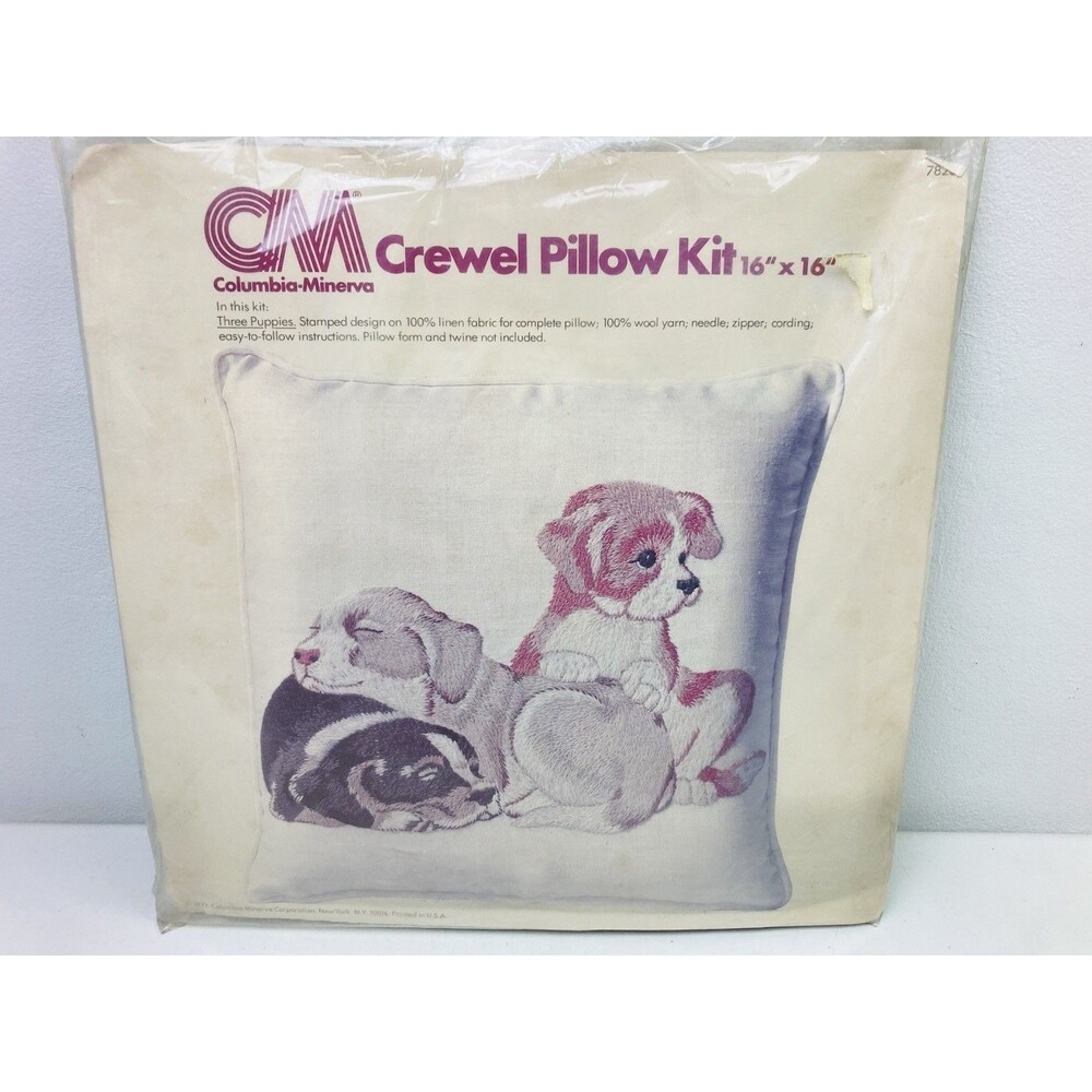 Vintage Columbia Minerva "Three Puppies" Crewel Embroidery Pillow Kit NOS 70s
